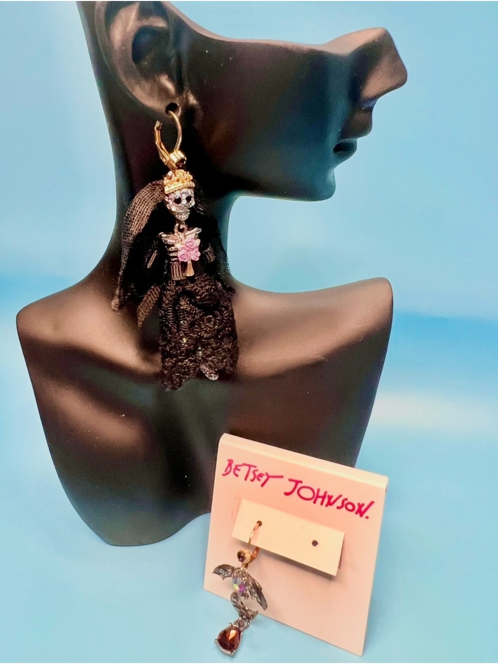 Betsey Johnson Dark Magic Skeleton Bride & Bat Mismatch Earrings - RETIRED NWT